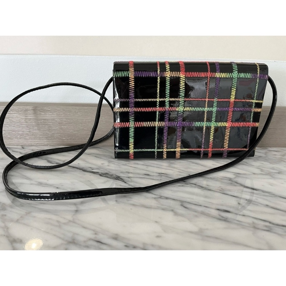 Elka Rainbow Plaid Black Patent Leather Evening Bag Purse Vintage 70s 80s USA